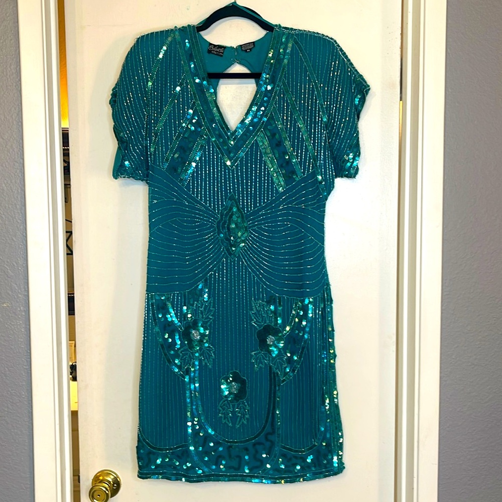 Vintage 💯 Silk heavy beaded dress green